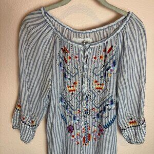 Johnny Was 3J Workshop Striped Embroidered Tribal Blouse Small